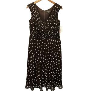 NWT Adrianna Papell Sz 12 Brown Silk Chiffon Polka Dot Midi Dress Lined Wedding